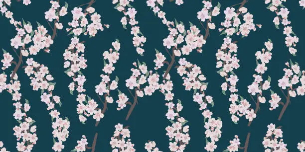 Vector illustration of Cherry Blossom Seamless Pattern On Green Background