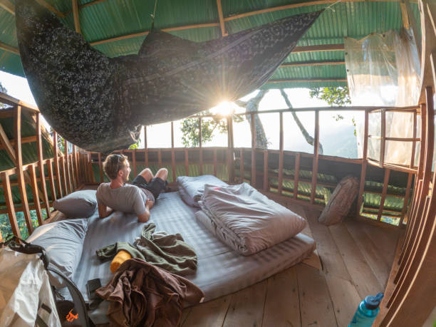 istock One man enjoying nature from his bed in a tree house 2075553129