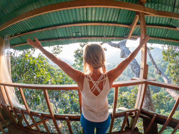 istock Woman on a tree house arms outstretched 2075553569