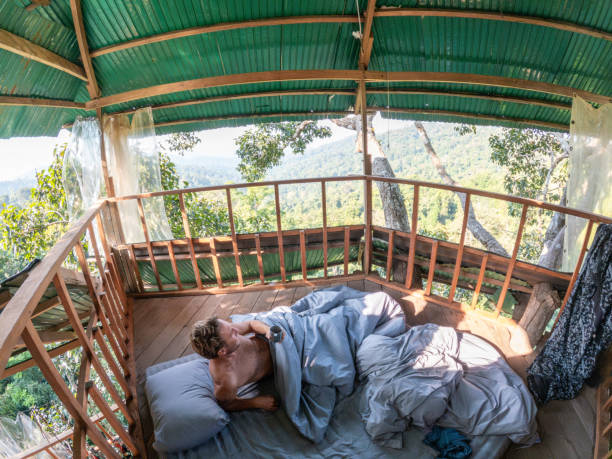 istock One man enjoying nature from his bed in a tree house 2075555276