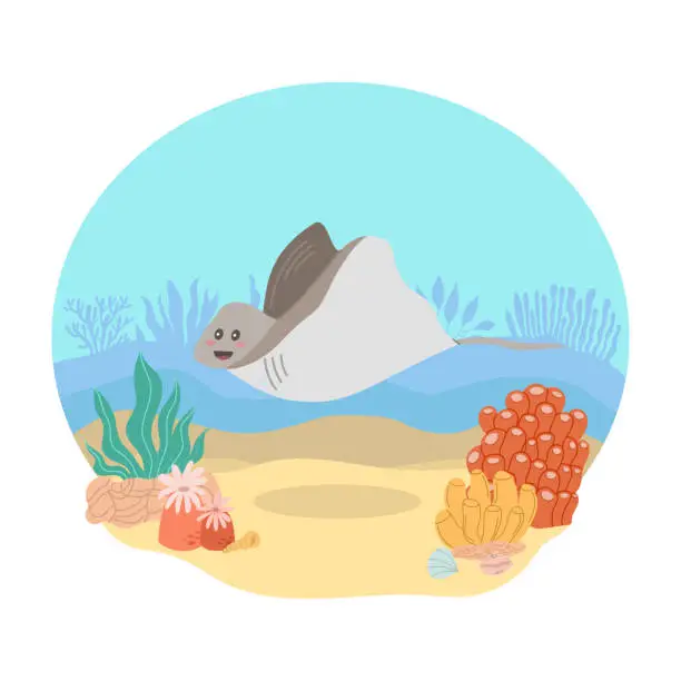 Vector illustration of Sea stingray against the backdrop of a sea or ocean landscape. Vector illustration