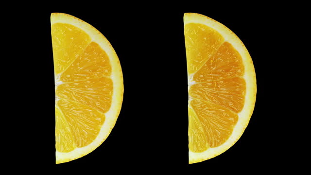 Fresh juicy orange citrus fruit slices rotating and spinning