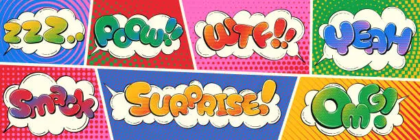 Vector illustration of Set of comic speech bubbles, comic wording sound effects design, comic book text clouds. Comic pop art book oops, wow, pow, boom Creative retro balloons with funny slang phrases and expressions.