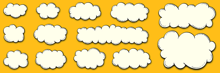 Set of white cartoon clouds with halftone effect shadow in retro linear style. Vector doodles with place for text, hand drawn for banners, posters in comic style.