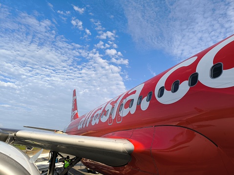 Banda Aceh, Aceh, Indonesia, February 17, 2024 - Part of Fuselage view of Airbus A-320 Family of Made in France Aircraft at Toulouse.