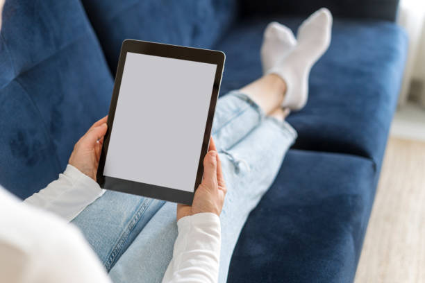 istock Female hold portable digital tablet with mockup screen 2075607433