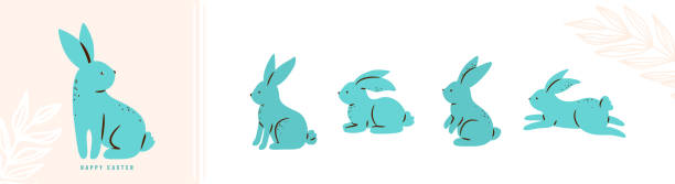 ilustrações de stock, clip art, desenhos animados e ícones de easter bunny vector illustration. cute rabbits in different poses, blue color, simple modern flat style - easter remote blue cute