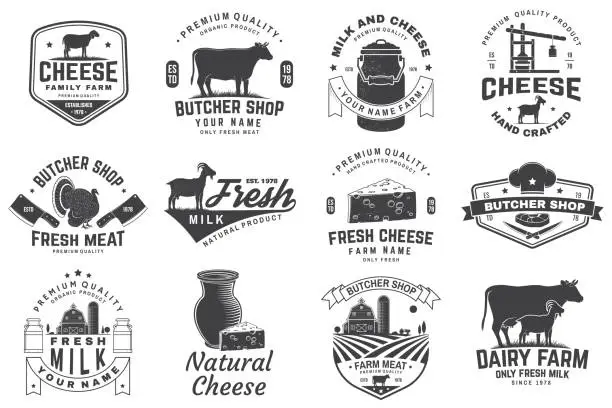 Vector illustration of Cheese, butcher, dairy and milk family farm badge design. Template for butcher, cheese, dairy and milk farm business - shop, market, packaging and menu. Vector illustration