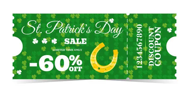 Vector illustration of St. Patrick's Day green vintage discount voucher with golden lucky horseshoe