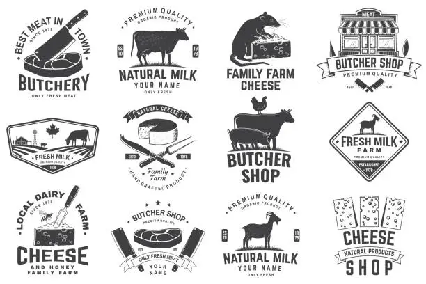 Vector illustration of Cheese, butcher, dairy and milk family farm badge design. Template for butcher, cheese, dairy and milk farm business - shop, market, packaging and menu. Vector illustration