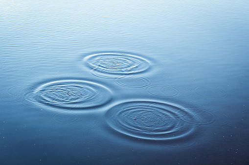 Round droplets of water over circles on the lake. Water drop, whirl and splash.Phone and laptop wallpaper. Close Up water rings affect the surface.