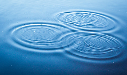 Round droplets of water over circles on the lake. Water drop, whirl and splash.Phone and laptop wallpaper. Close Up water rings affect the surface.