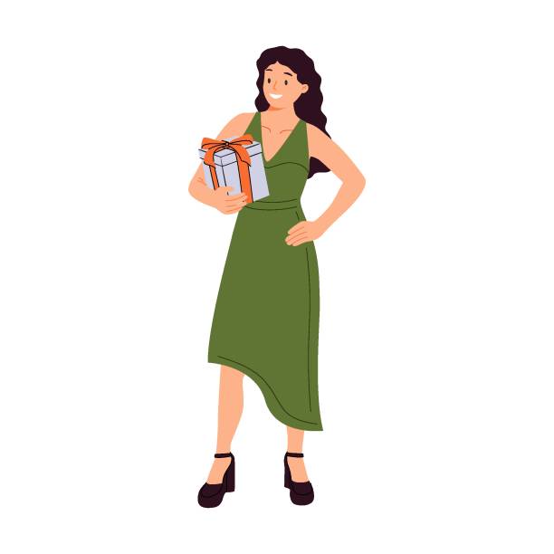 ilustrações de stock, clip art, desenhos animados e ícones de cheerful woman carrying present box. female character holding big birthday gift in festive packaging. - birthday child celebration party