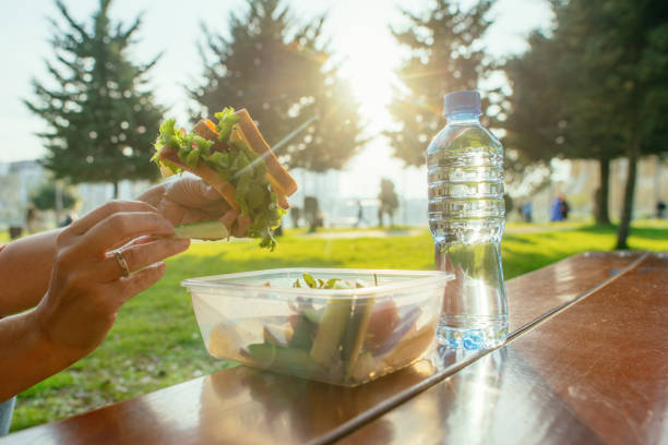 On a riverside meadow, four girls grill skewers and chicken over a portable stove while one applies butter to uncooked skewers, enjoying the morning together.