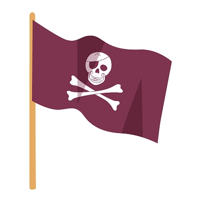 Black pirate flag illustration. Jolly Roger with cartoon skull and crossbones. Vector icon.