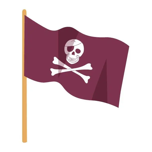 Vector illustration of Black pirate flag illustration. Jolly Roger with cartoon skull and crossbones. Vector icon.