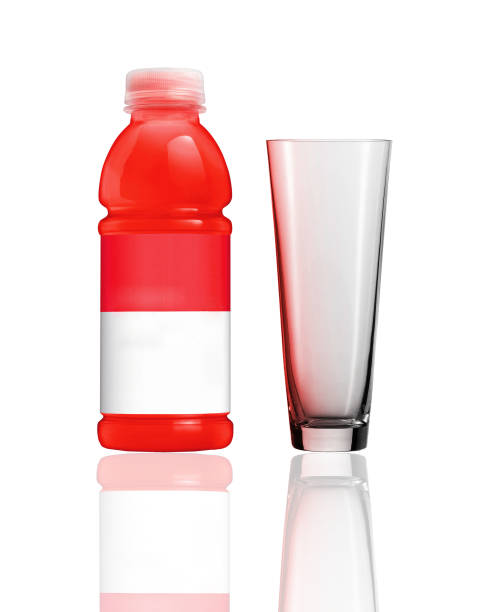 strawberry juice in plastic bottle and glass on white