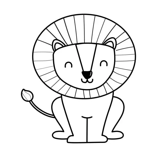 Vector illustration of Coloring page with a cute cartoon style lion. Black and white African safari animal.