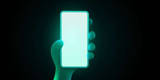 istock Cute cartoon hand holding mobile smart phone. Modern mockup. 2075656947