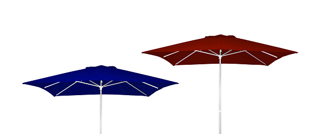 Red and blue beach umbrellas isolated on white