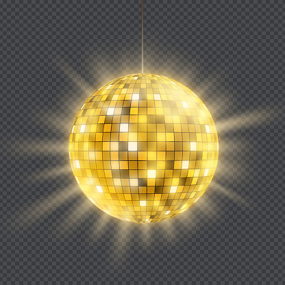 Bright glowing golden disco ball. Template isolated on transparent background. Stock vector mockup.