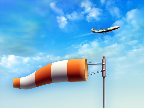 Wind sock indicating wind direction. An airplane is taking-off on background. Digital illustration, 3D render.