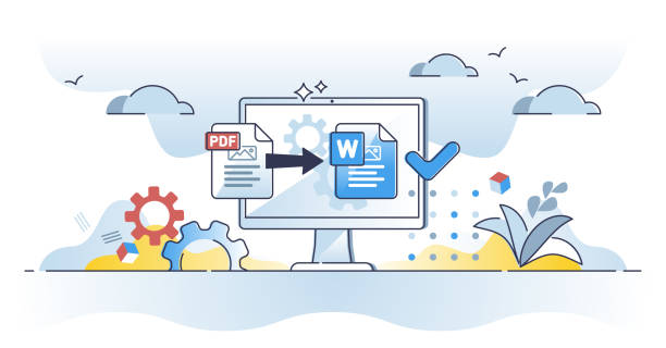 PDF to word converter software tool to change extension outline concept PDF to word converter software tool to change extension outline concept. File format edit process with application or online website vector illustration. Document style conversion to digital doc file convert text pdf stock illustrations