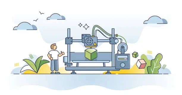 Vector illustration of 3D printing with three dimensional plastic printer hardware outline concept