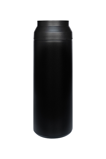 Black stainless steel water bottle isolated on white background.
