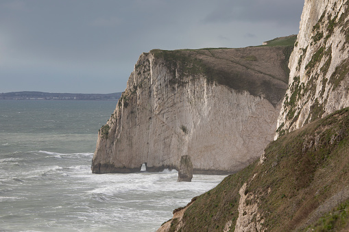 Limestone cliffs, part of the Jurassic Coast near Durdle Door in March, Dorset, England, United Kingdom