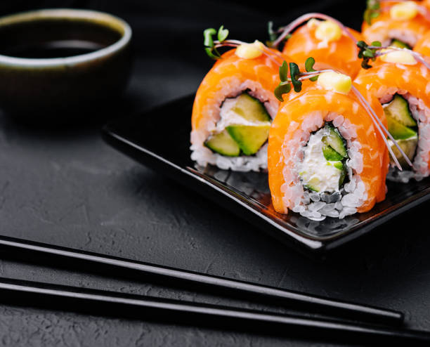istock Philadelphia Sushi with avocado on black dish 2075741276