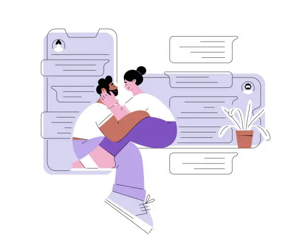 Vector illustration of Loving couple hugging on background of message. Vector template in flat style, outline. Networking. Chatting. Communication on Internet. Cartoon romantic illustration, line art. Modern trend character