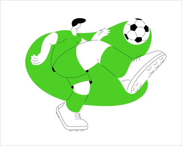 Vector illustration of Soccer player in green uniform kicks ball. Football. Vector illustration of sport game in flat style with outline. Hitting ball. Isolated footballer template. Line art