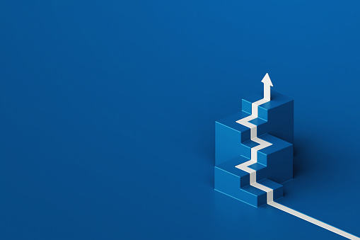 White arrow flows on cube stair shape against blue backdrop, business way concept, minimal style, 3d rendering