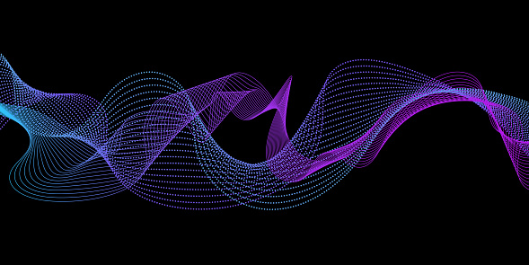 Abstract wavy light lines pattern  (Guilloche curves) purple blue in concept of technology, machine learning, neural network. Wave equalizer. Blue and purple lines. Vector illustration
