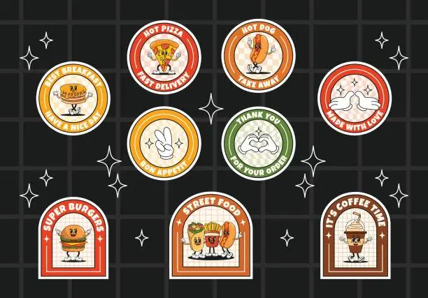 Vector illustration of Collection of stickers for delivery, bar, cafe restaurant. Set of stickers with fast street food. Trendy vector illustration in retro groovy style. Funny food characters.