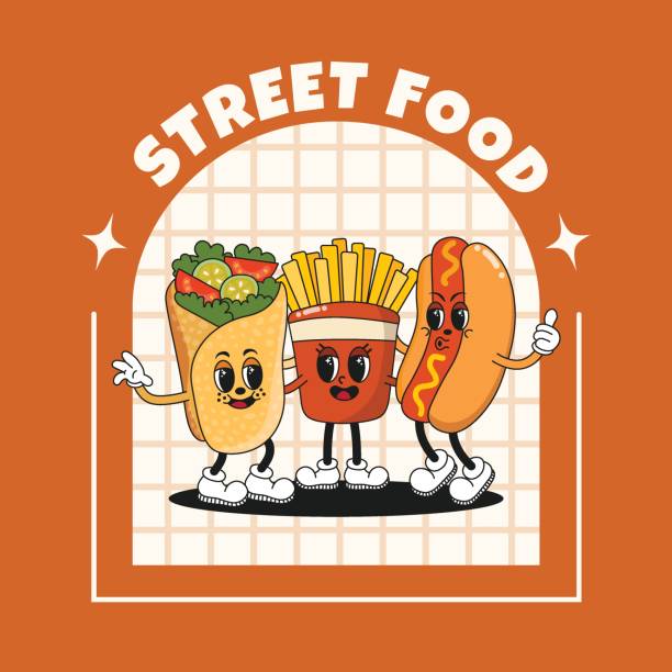 illustrations, cliparts, dessins animés et icônes de bannière ou affiche avec des personnages de restauration rapide dans un style rétro groovy. illustration vectorielle tendance avec des frites, un burrito et un hot-dog. pour la livraison, les cafés et les restaurants. - hotdogging