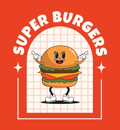 Banner or poster with fast food character in retro groovy style. Trending vector illustration with burger. For delivery, cafes and restaurants.