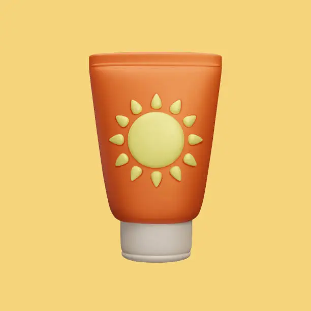 Vector illustration of 3D SPF sunscreen cream bottle isolated on yellow background. Cute cartoon style 3D summer skincare cosmetic product. Orange sunblock cream packaging design with sun label. UV lights protection.