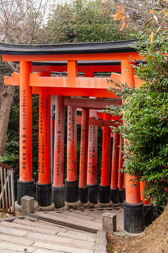 Kyoto, Japan - January 15,  2020. Impression of the many Torii of the Fushimi Inari Shrine in Kyoto, Japan.