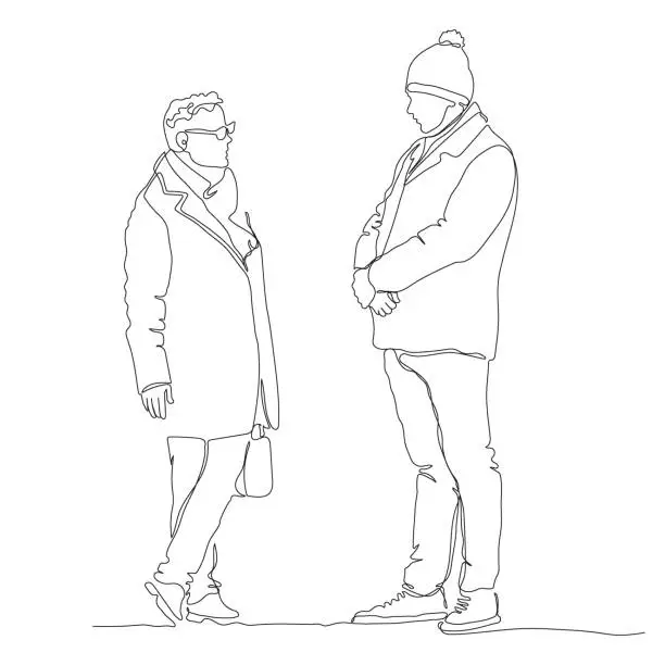 Vector illustration of 2 men talking, standing. Wearing warm clothes on cold day. Continuous line drawing. Black and white vector illustration in line art style.