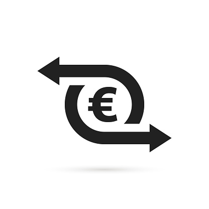 easy cash flow icon with euro black symbol. concept of commerce or wealth badge for credit account. flat simple style trend modern graphic design web element isolated on white background
