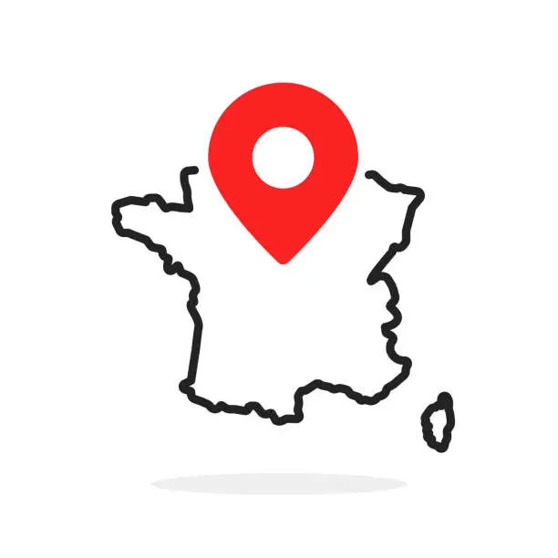 Vector illustration of thin line france map with red geotag or pin