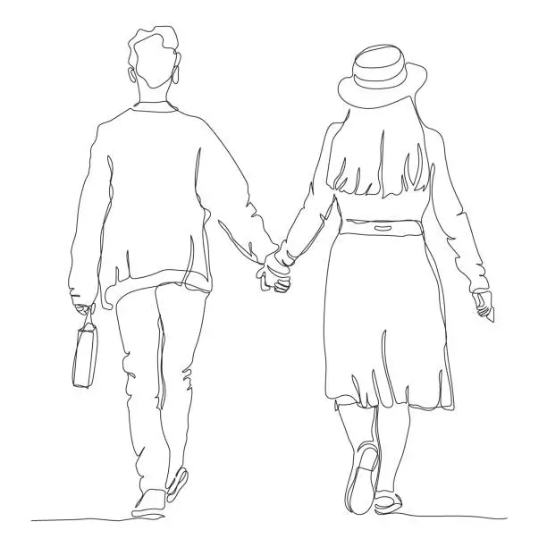 Vector illustration of Couple holding hands and walking away. Man holding bag and woman in hat. Continuous line drawing. Hand drawn black and white vector illustration in line art style.