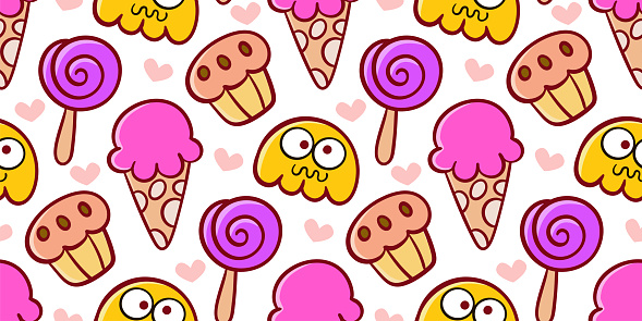 Cute doodle monster, ice cream, lollipop and cake cartoon seamless pattern. Pattern swatch ready in vector color swatch panel. Can be used for textile, fabric print, wallpaper-decor, wrapping paper, home decor, clothing. banner, cover, cards and more