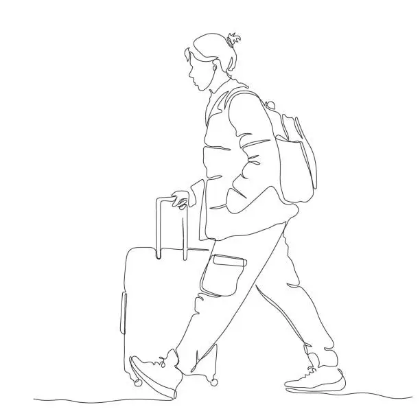 Vector illustration of Young man with backpack and suitcase walking. Side view. Continuous line drawing. Black and white vector illustration in line art style.