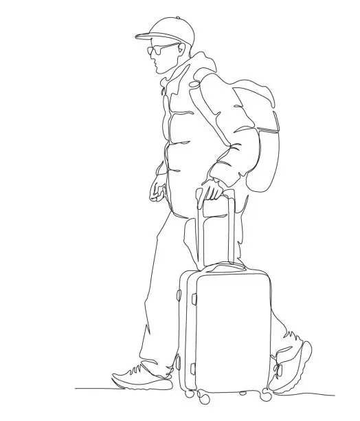 Vector illustration of Tourist with backpack and suitcase walking. Man wear warm jacket and cap. Side view. Continuous line drawing. Black and white vector illustration in line art style.