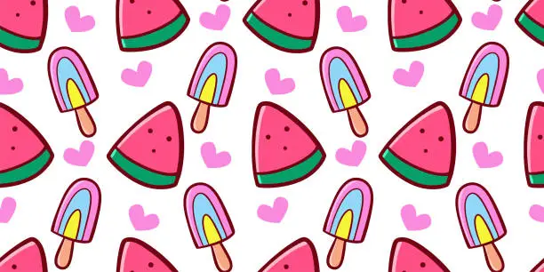 Vector illustration of Doodle watermelon and rainbow popsicle cartoon seamless pattern