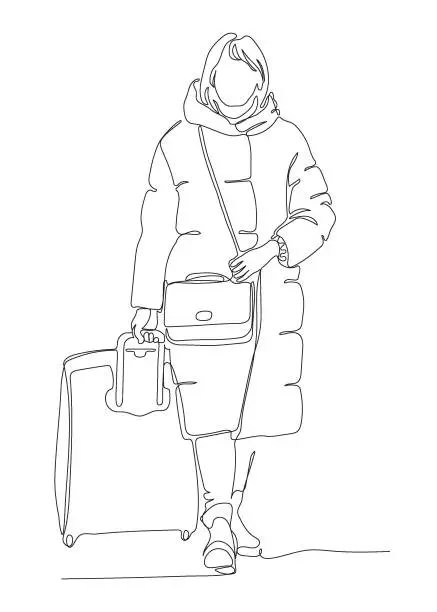 Vector illustration of Woman with suitcase wear warm coat in winter travel season. Continuous black line drawing isolated on white background. Vector illustration in line art style.