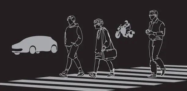 Vector illustration of Woman and men crossing street with zebra pedestrian crosswalk. Car and motorbike silhouettes on black background. Single line drawing. Hand drawn vector illustration.